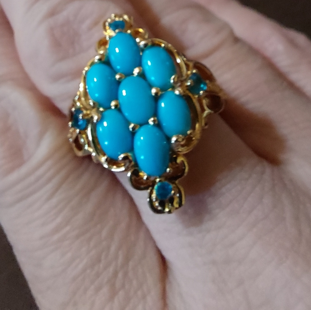Sleeping Beauty Turquoise Ring Platinum/925 & 14k YG Ring Size 9 - Picture 3 of 9